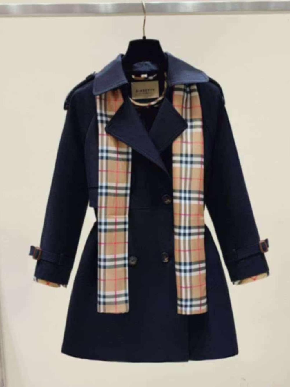 Burberry Navy Trench Coat with Beige Check Accents